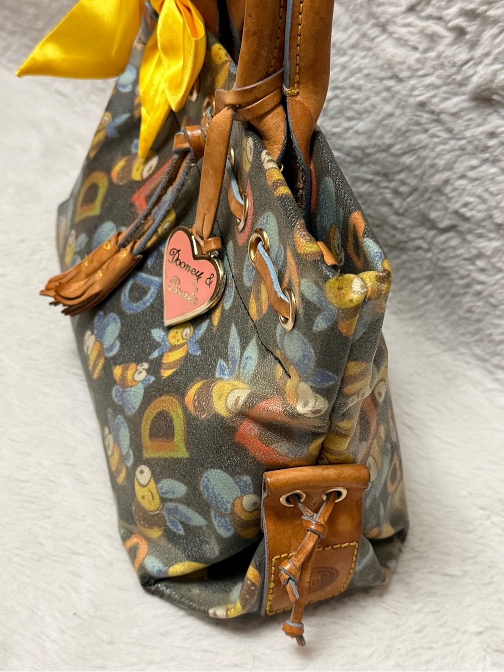 Dooney & Bourke Black Bee Print Satchel with Yellow Bow - Picture 6 of 9